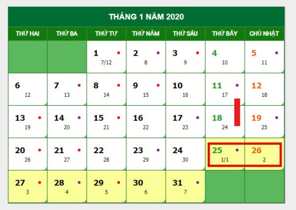 Lịch nghỉ tết dương lịch năm 2020 được nghỉ mấy ngày