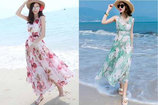 Vintage phong cách sang trọng Hàn Quốc nữ tính khí phần mỏng vành đai xanh  hoa váy xếp li eo váy dài mẫu đầm maxi đẹp 2020 | Tàu Tốc Hành |