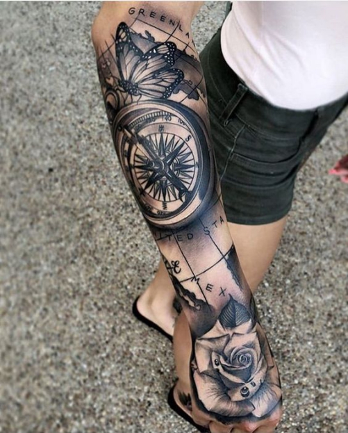 Hình ảnh xăm tattoo hoa hồng la bàn đẹp ý nghĩa nhất